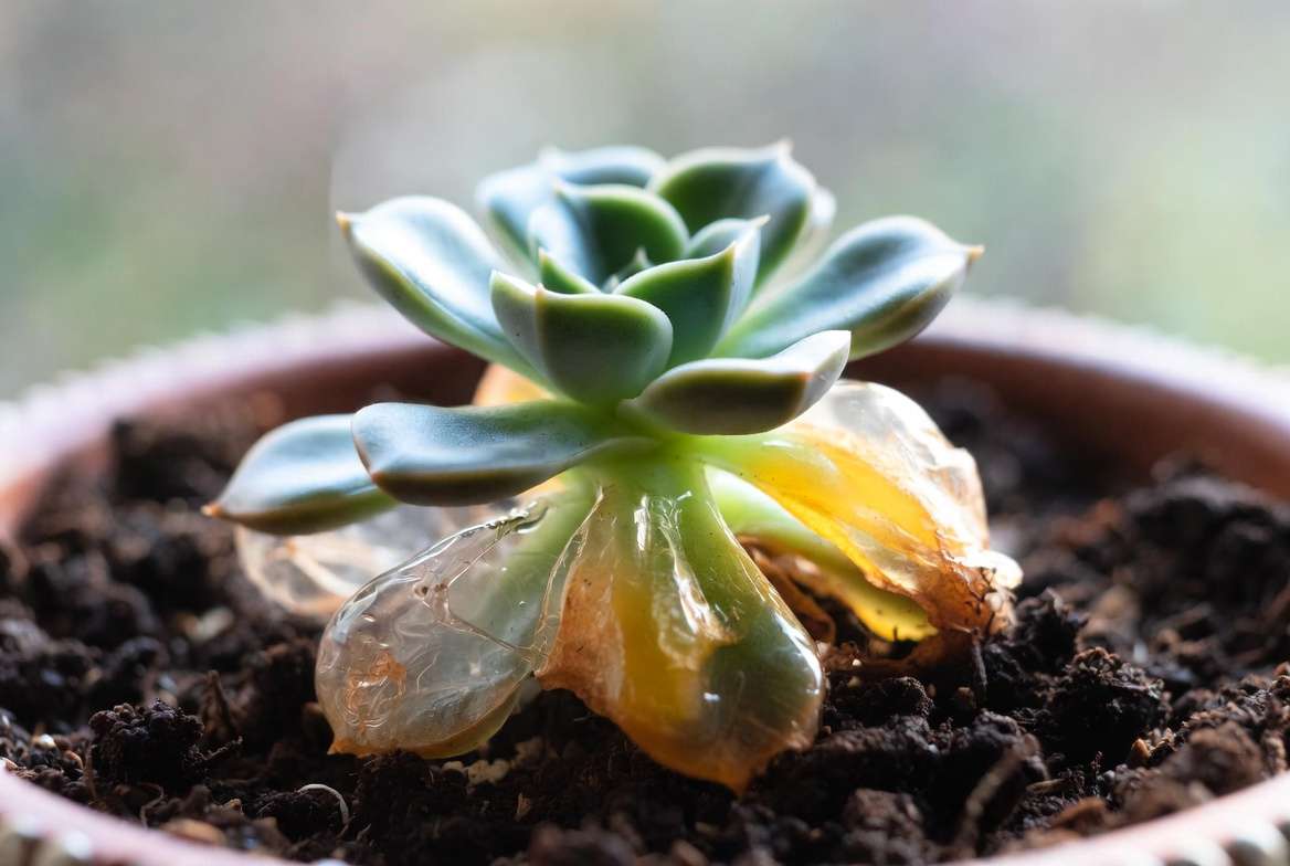 A close-up view of a succulent suffering from root rot and translucent leaves due to poor soil drainage.