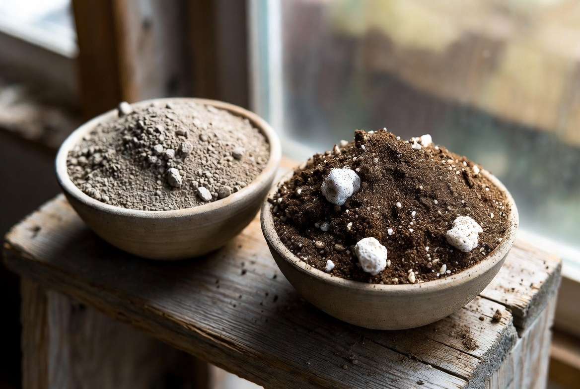 A side-by-side comparison of old, compacted cactus soil next to fresh, gritty, well-aerated cactus soil.