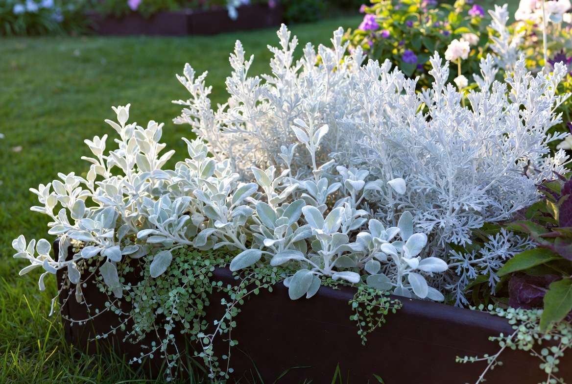Silver plants with shimmering foliage in a sunlit garden border showing design versatility and reflective leaves