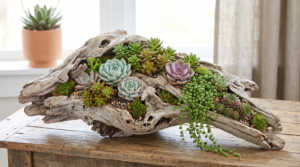 artistic succulent arrangements in driftwood