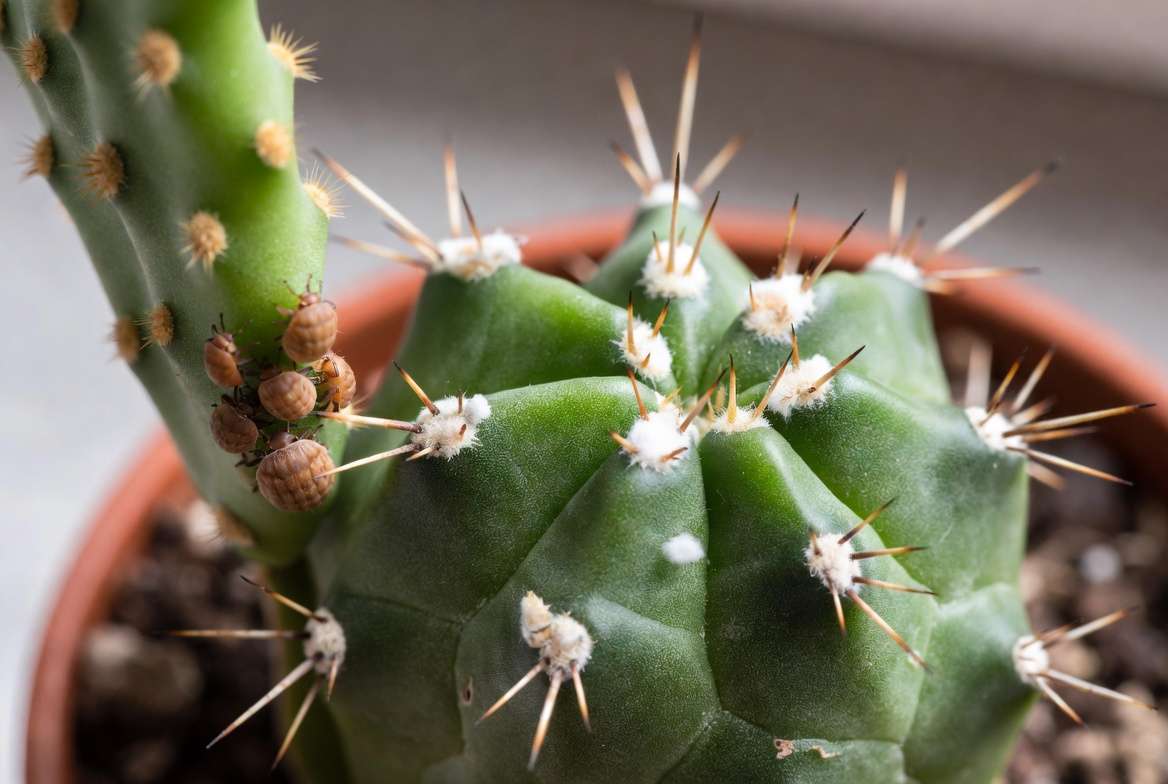 Macro close-up image showing a common mealybug infestation (white cottony masses) and scale insects (hard brown bumps) on a cactus stem, as described in the troubleshooting guide.