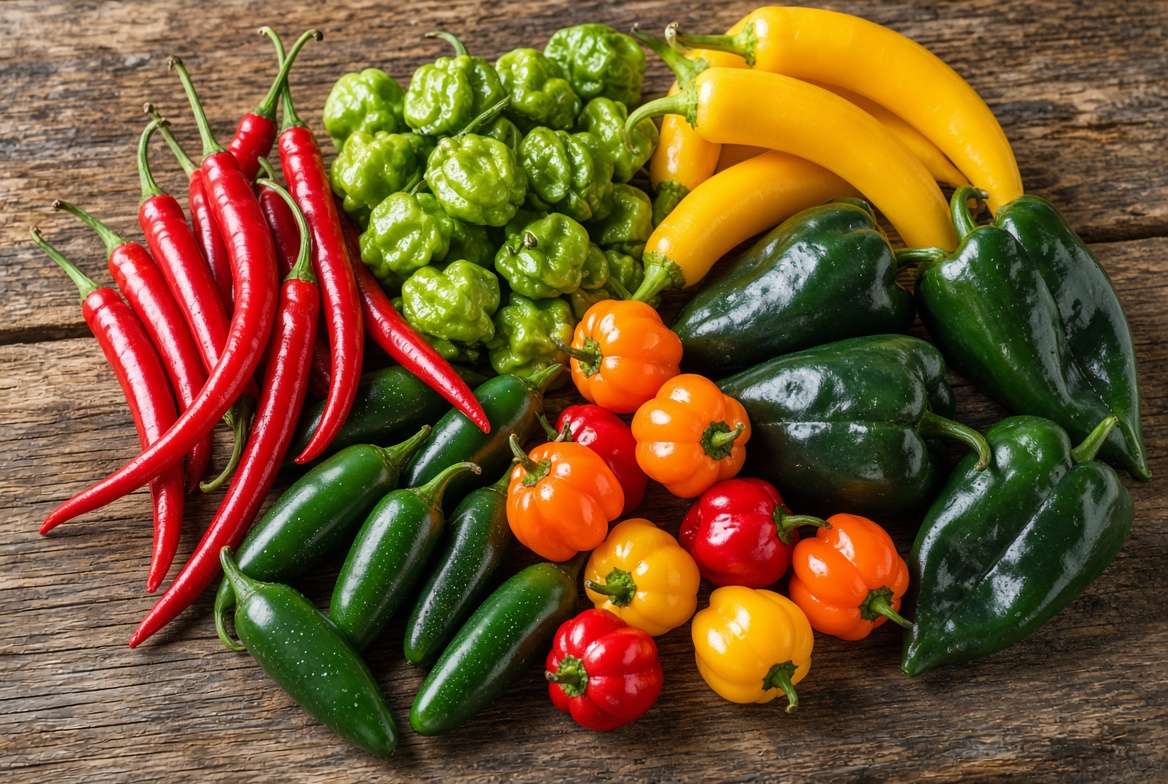 A colorful harvest of diverse easy pepper varieties suitable for container gardens, including jalapeños, cayennes, and sweet peppers.