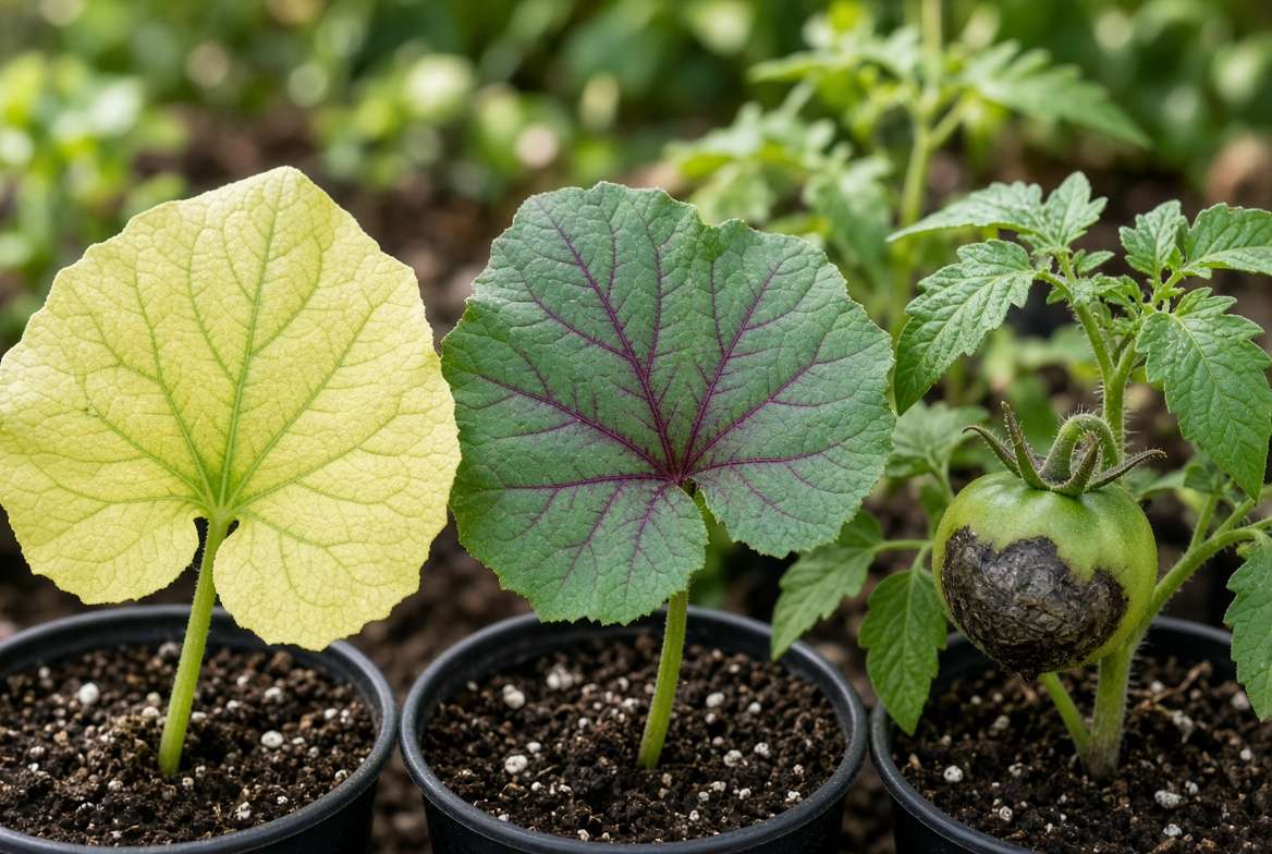 Macro photograph collage displaying common nitrogen, phosphorus, and blossom end rot deficiency symptoms on distinct potted vegetable leaves