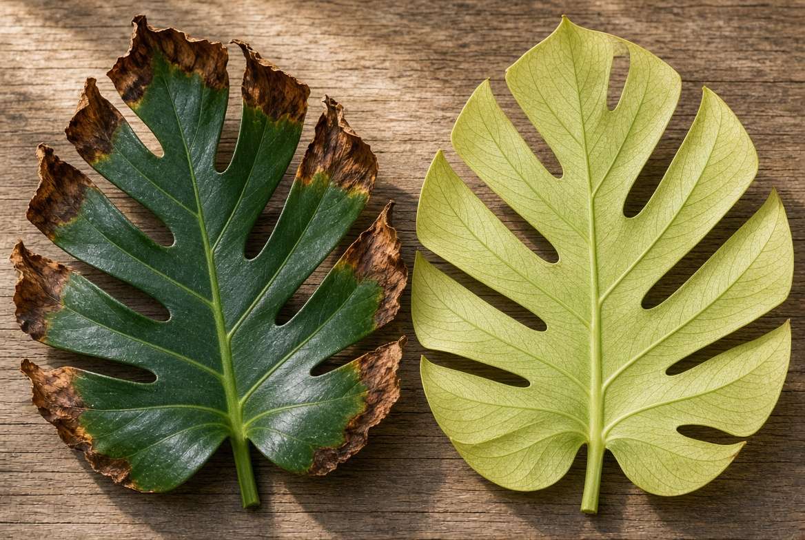 Macro photo comparing a Monstera leaf with nutrient burn brown edges to a leaf showing nitrogen deficiency yellowing.