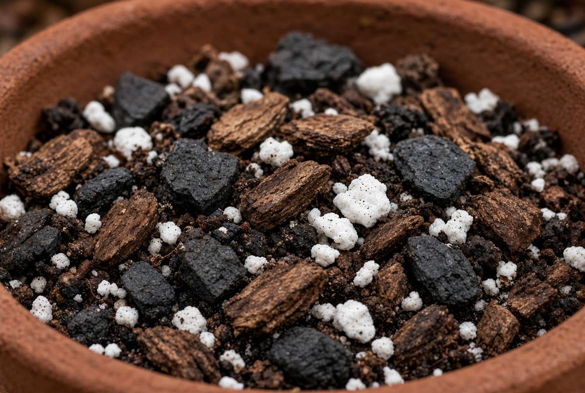 Close-up macro photo of chunky houseplant soil mix containing perlite, orchid bark, and horticultural charcoal.