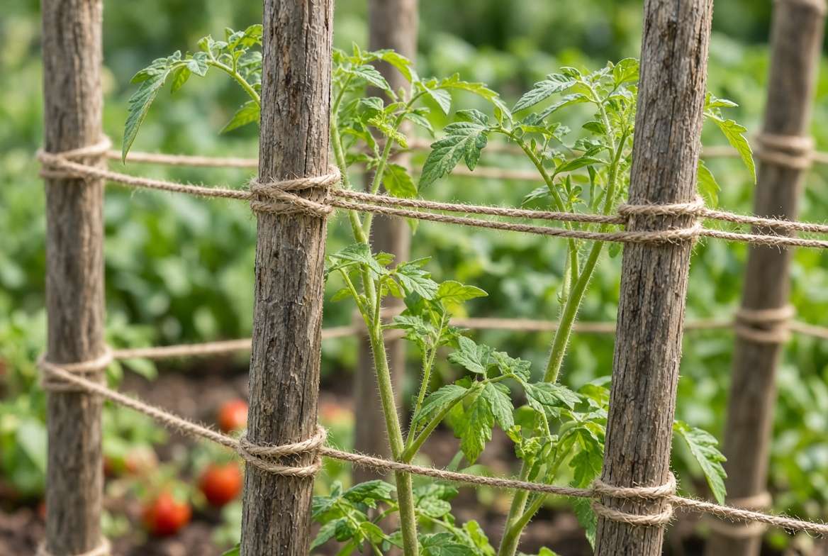 Close-up of the figure-eight twine pattern in a Florida Weave system supporting young tomato plants.