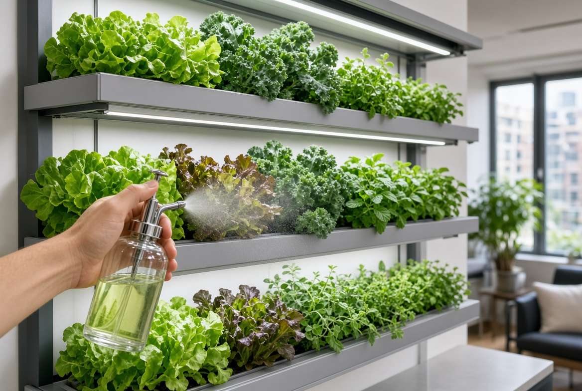 Vertical indoor aquaponics garden receiving a nutrient foliar spray for maximum yield.