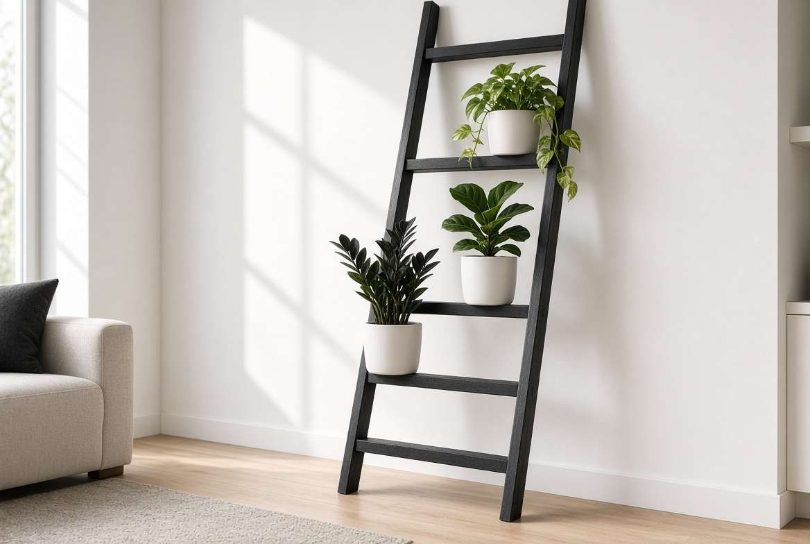 An indoor vertical garden on a painted black leaning wooden ladder styled with minimalist white pots.