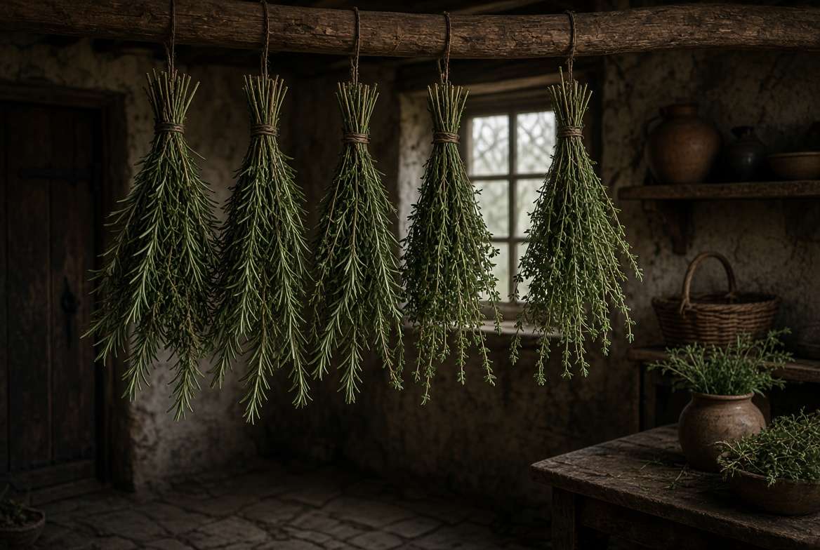Bundles of fresh rosemary and thyme tied with rubber bands hanging upside down from a wooden beam for traditional air drying.