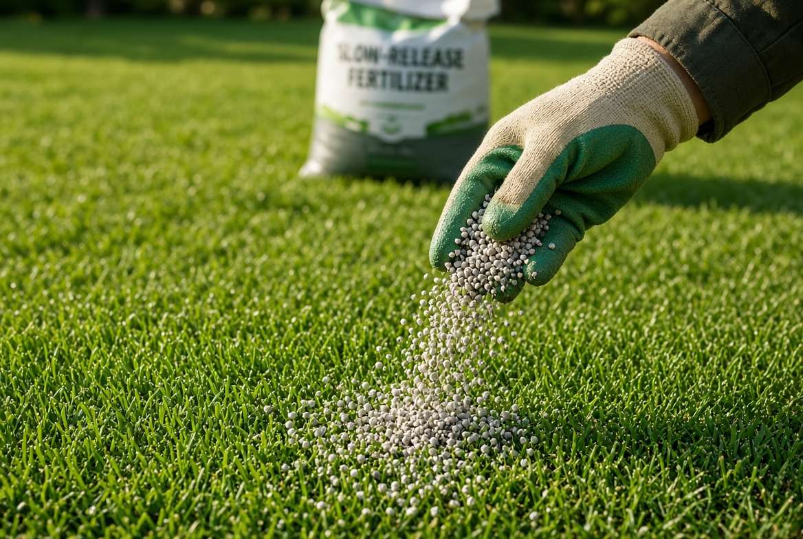 A gloved hand manually broadcasting slow-release granular fertilizer onto a green turf lawn in bright sunlight.