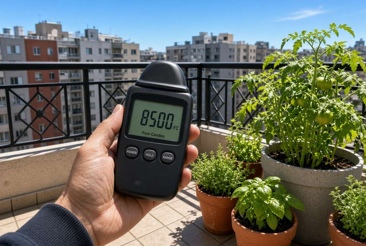 Measuring balcony sunlight levels with a handheld digital light meter for vegetable gardening.