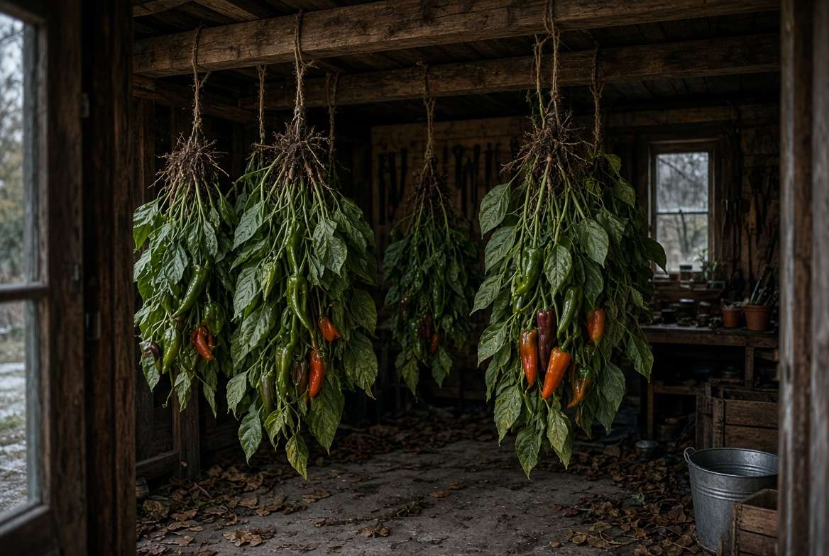 Whole pepper plants with green fruit hanging upside down from wooden rafters inside a shed for off-vine ripening.