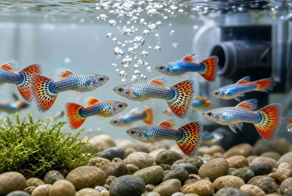 Colorful Guppy fish school swimming in a small home aquaponics aquarium.