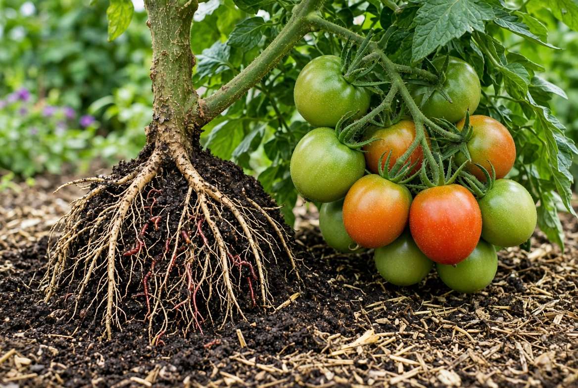 Robust tomato plant roots emerging from rich, dark organic compost soil mulch, surrounded by healthy fruits.