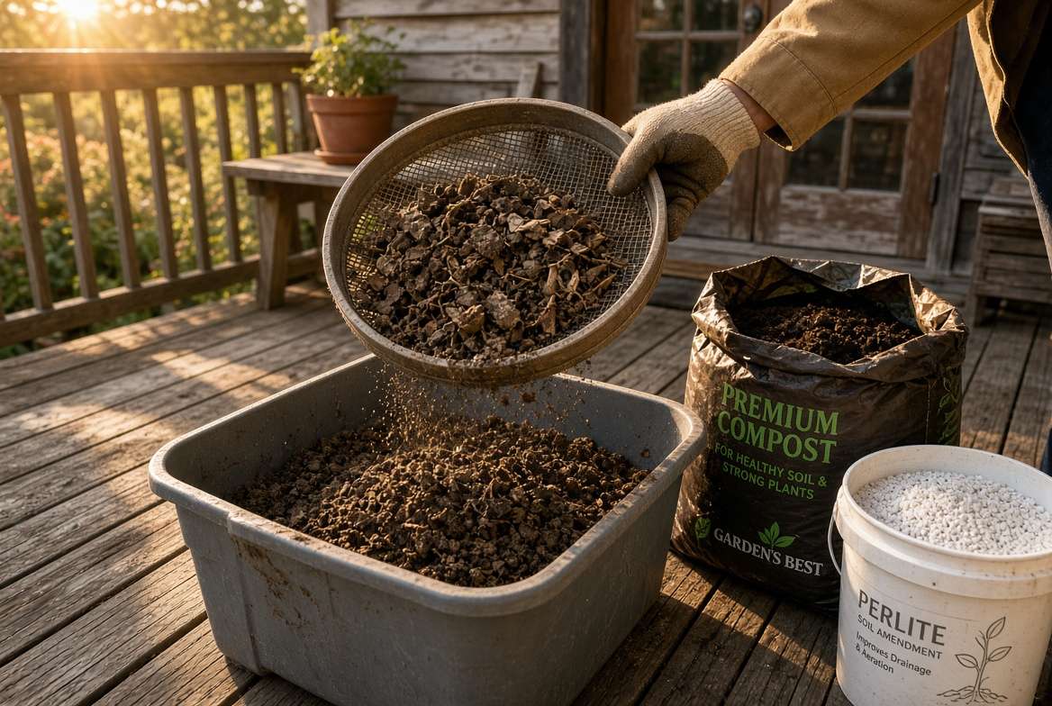 A gardener sifting old container soil through a mesh screen to remove debris before amending it with fresh compost and perlite.