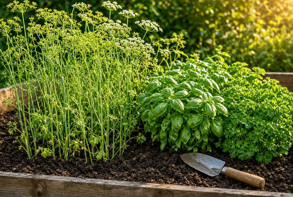High-resolution contrast image of bolting cilantro and leafy basil demonstrating different herb growth cycles.