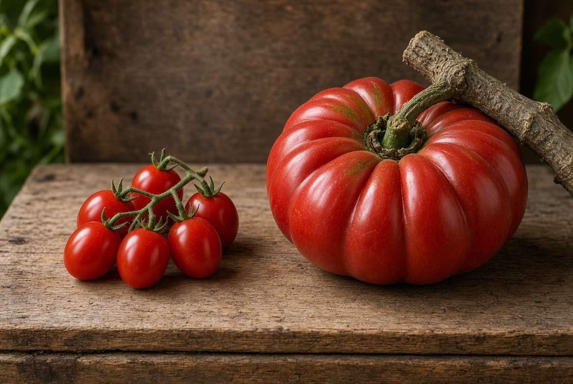 Split image comparing lightweight grape tomatoes suitable for hanging versus a heavy beefsteak tomato.