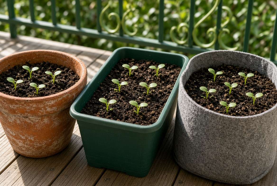 A variety of radish containers including terracotta pots, a rectangular window box planter, and a fabric grow bag filled with soil and young seedlings on a sunny balcony.