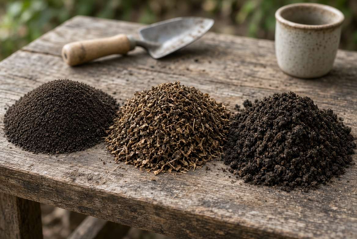 A close-up photograph comparing three types of finished compost: fine worm castings, coarse leaf mold, and rich commercial compost, arranged on a workbench for potted plant topdressing.