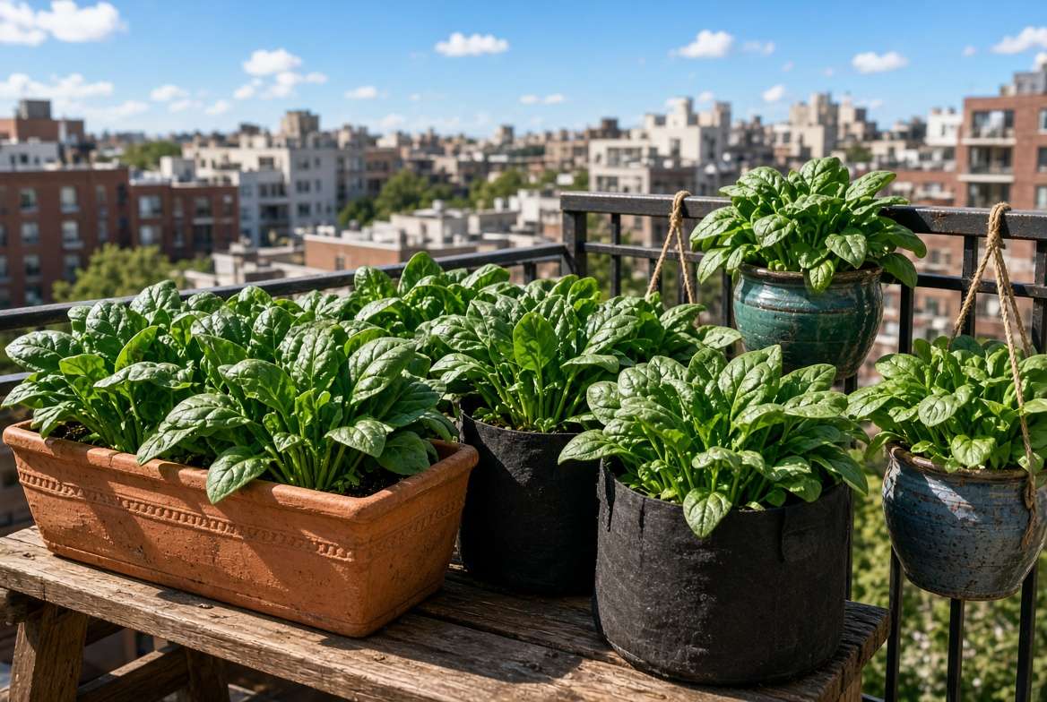 A variety of small containers, including fabric grow bags and a window box, overflowing with lush green spinach on a sunny apartment balcony.