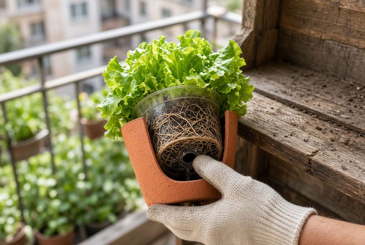 Close-up of a hand lifting a small terracotta pot with a thriving lettuce plant to show proper drainage and shallow root system on a sunny urban balcony.