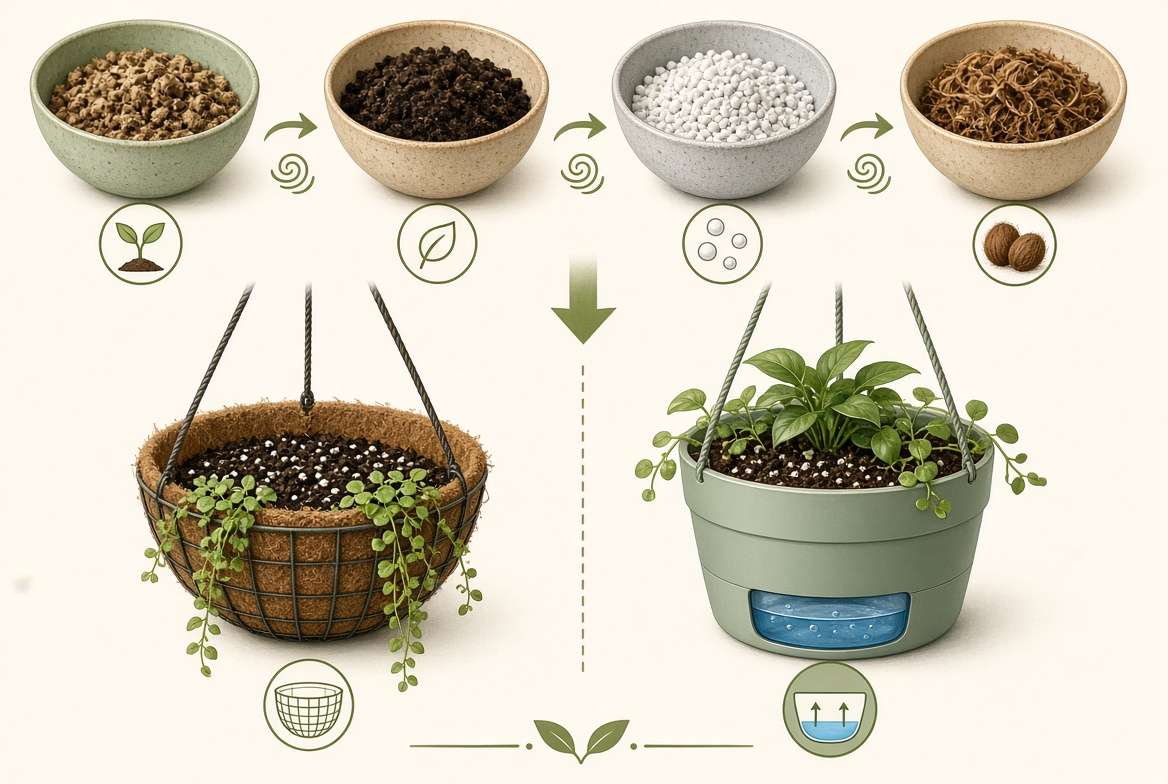 a sequential illustration diagram showing components for a custom strawberry soil mix (potting mix, compost, perlite, coco coir) and types of hanging baskets.