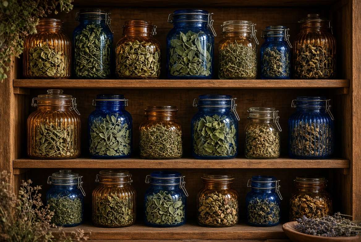 Airtight amber and cobalt blue glass mason jars filled with whole dried homegrown herbs sitting on a wooden pantry shelf.