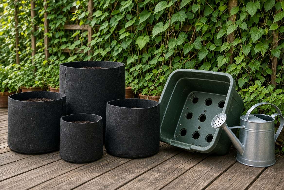 A collection of deep gardening containers including black fabric grow bags and a plastic tub, showing required drainage holes in the plastic pot.