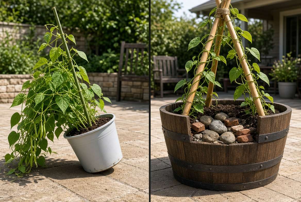 A stability comparison showing a flimsy pot tipping over versus a heavy whiskey barrel planter anchored with large rocks holding a sturdy bean trellis upright.