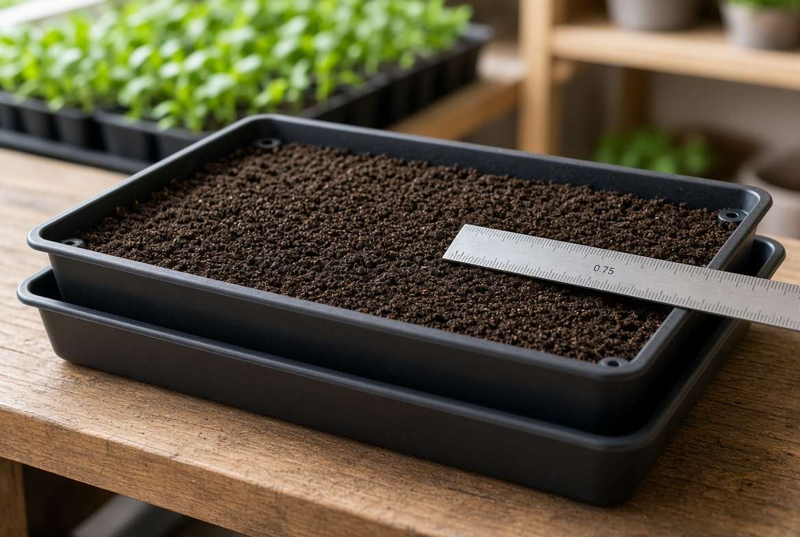 A close-up view of a shallow 1020 black plastic tray for growing microgreens, filled with 0.75 inches of moist coco coir medium and nested in a reservoir tray.