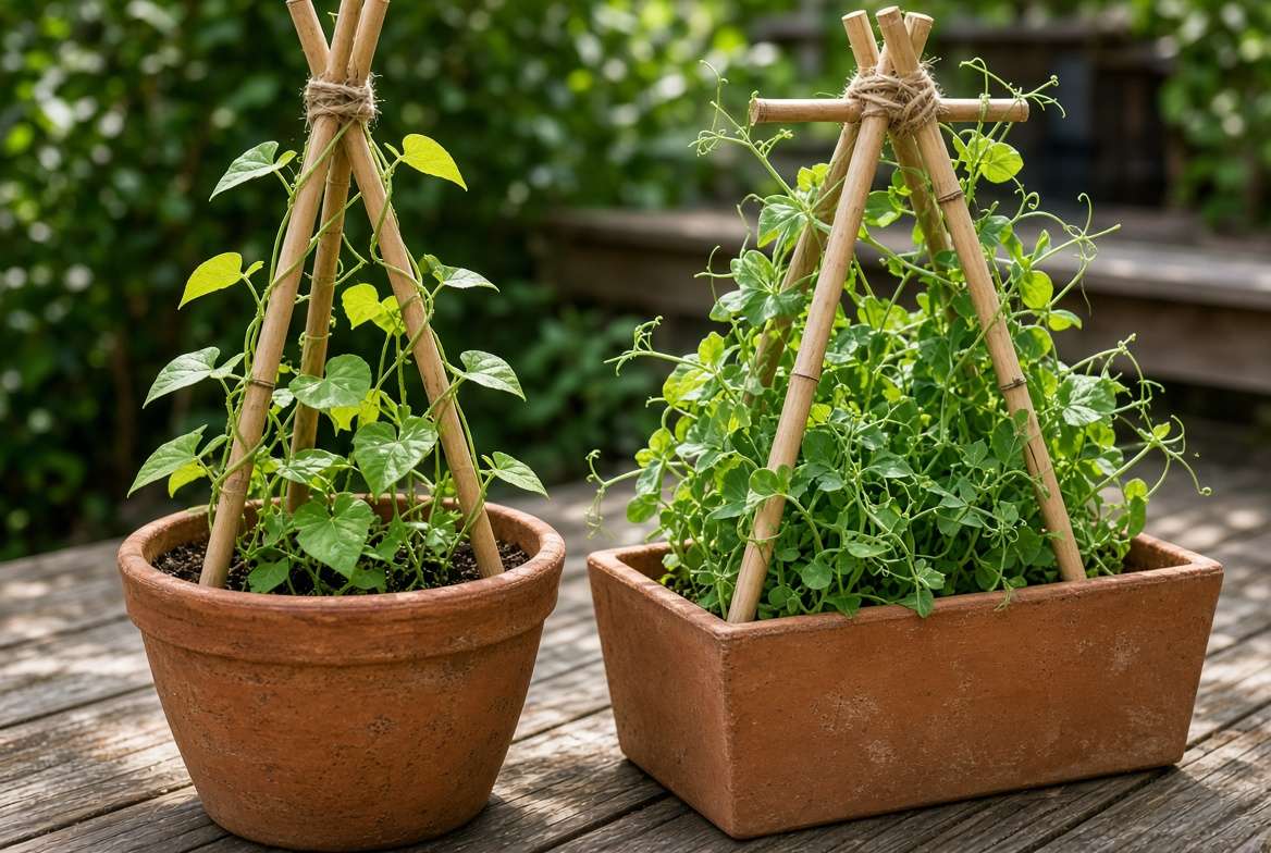 Bamboo teepee obelisk and wooden A-frame trellis used for container gardening beans and peas on a balcony.