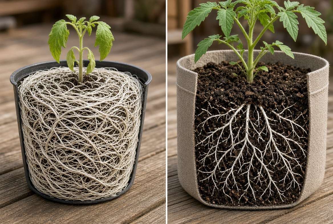 High-resolution split-screen photo showing a severely root-bound plant removed from a small pot compared to healthy, spreading roots in a larger container, illustrating the consequence of restricted space in container gardening.