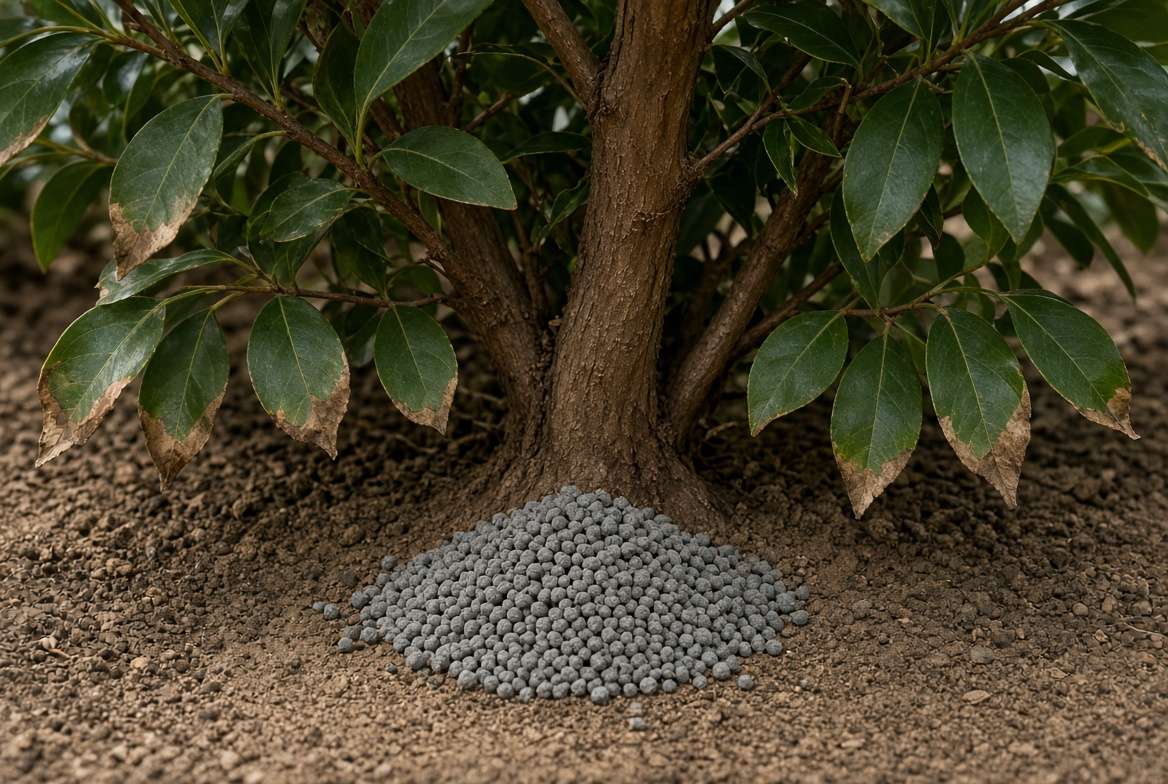Close-up photograph showing a clump of dry granular fertilizer pellets burning the stem and lower leaves of a dehydrated shrub.
