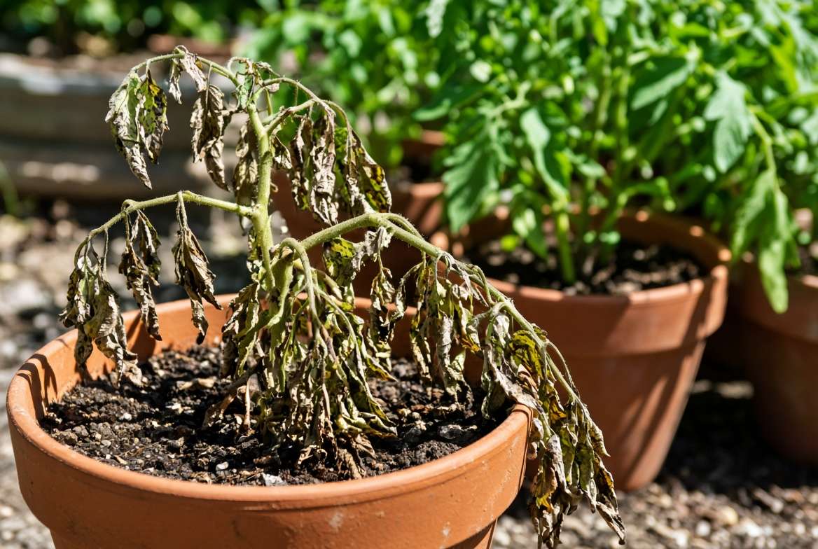 Close-up of a diseased, wilted tomato plant in a pot contrasting with healthy surrounding plants.