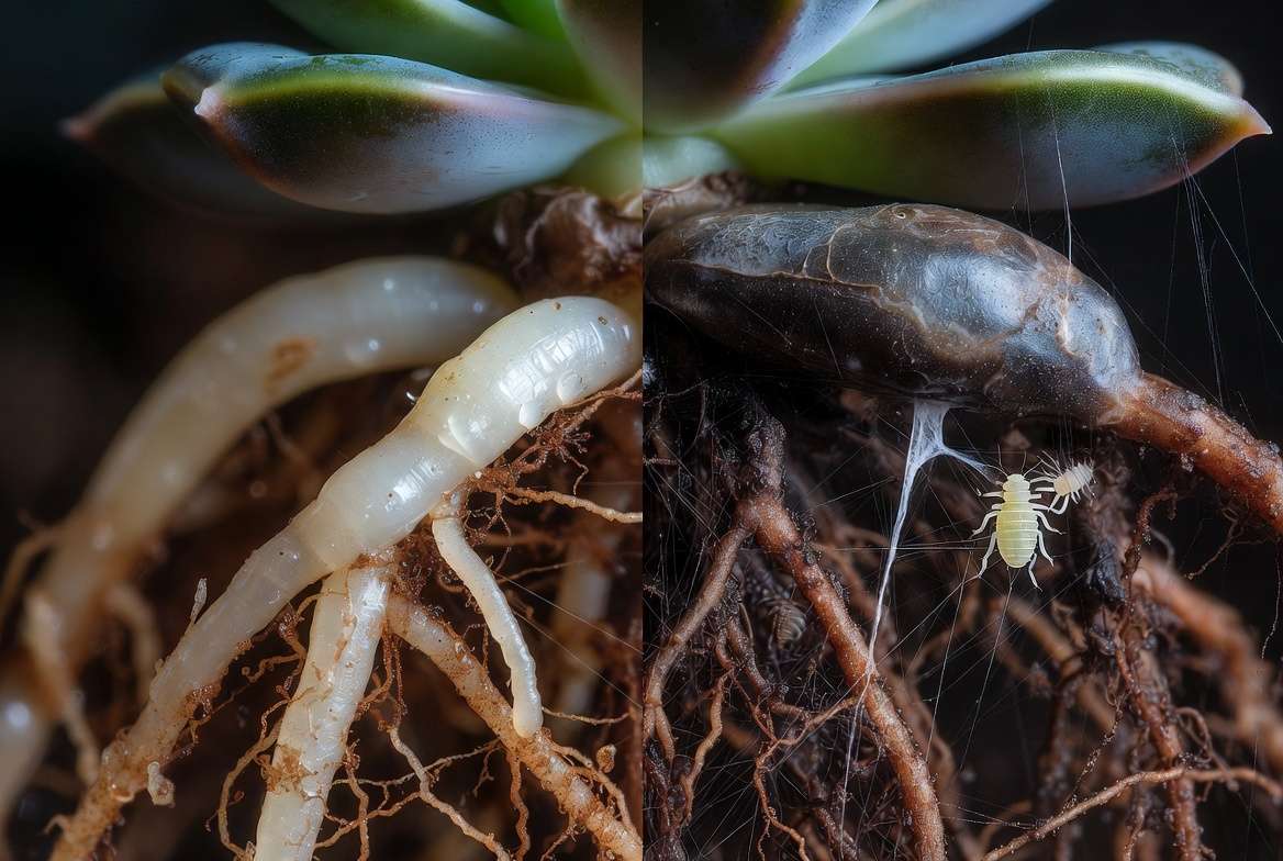 Macro photograph showing a comparison between healthy succulent roots and roots infected by fungus and root mealybugs.