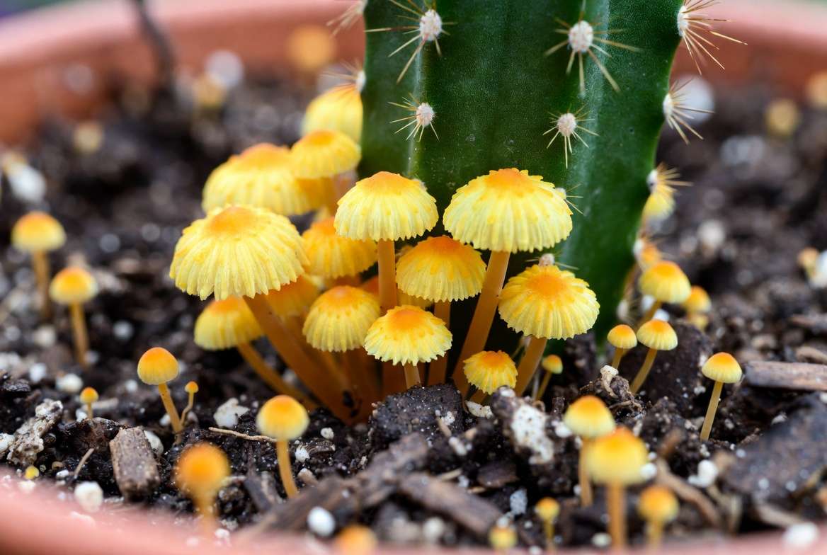 Macro photo of bright yellow mushrooms growing in wet cactus soil, illustrating a severe soil fungal infection.