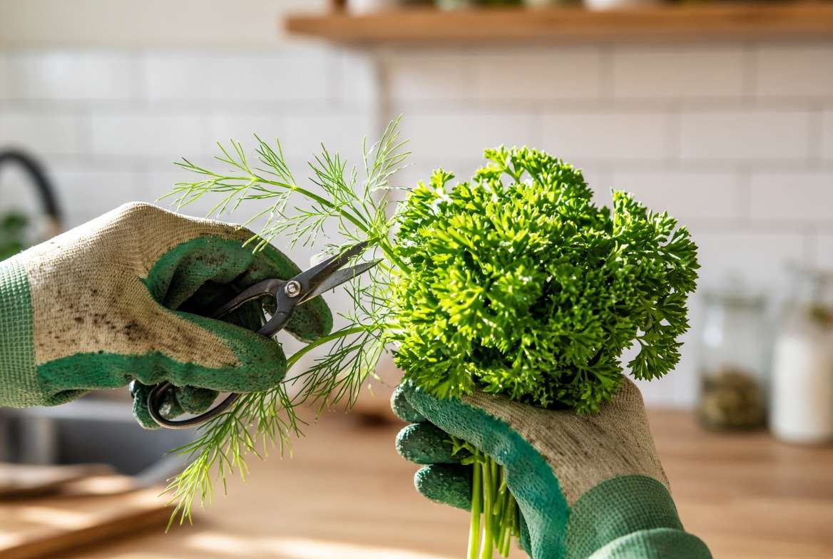 Close-up shot of hands harvesting fresh dill and parsley sprigs in a bright kitchen setting.