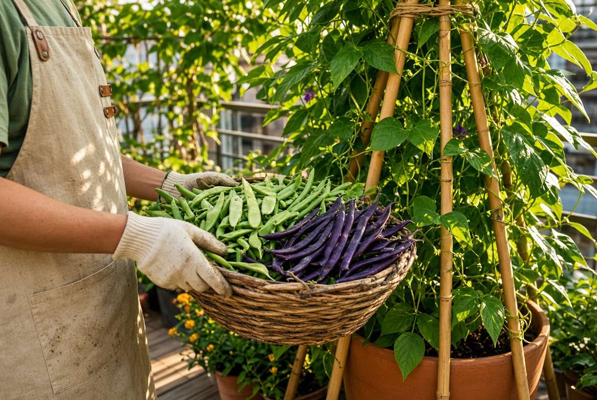 A gardener harvesting an overflowing basket of fresh pole beans and peas from a towering, lush container trellis on a patio.