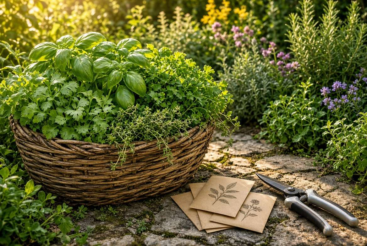 A rustic basket overflowing with freshly harvested diverse garden herbs demonstrating the success of continuous planting.