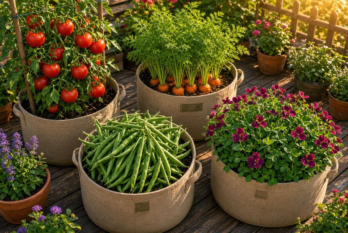 A 4-stage container crop rotation visualization featuring tomato, carrot, bush bean, and clover plants in grow bags.
