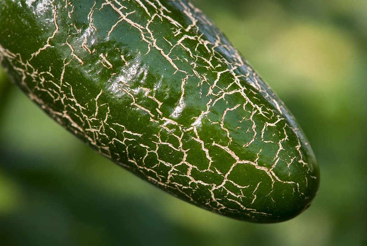 Extreme close-up of a green JalapeΓ±o pepper surface showing significant white corking lines.