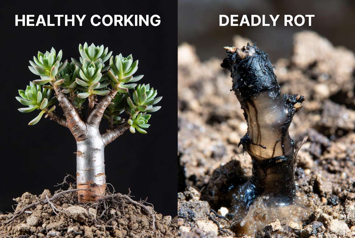 Split-screen comparison photograph showing a healthy woody corked succulent stem base versus a black, mushy rotting succulent stem base.