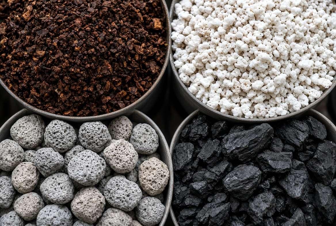 A close-up of pine bark fines, perlite, pumice, and biochar soil amendment