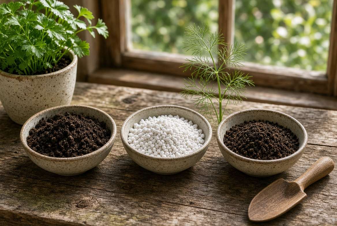 Flat lay photo of potting soil, perlite, and worm castings in separate ceramic bowls for a healthy herb mix.