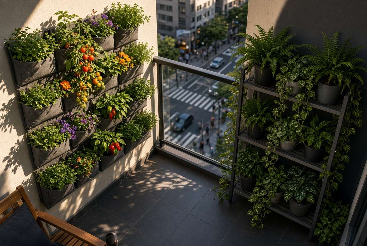 High-angle photo of an urban balcony with distinct patches of direct sunlight and shadow from neighboring buildings, demonstrating effective plant choice for microclimates.