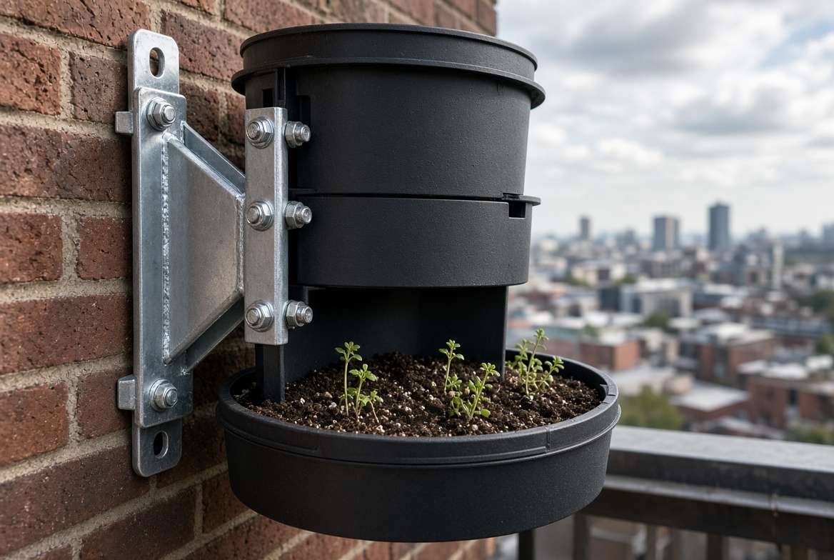 Detailed close-up of a secure metal wall bracket anchoring a stackable vertical planter tower to an urban balcony brick wall, illustrating structural stability.