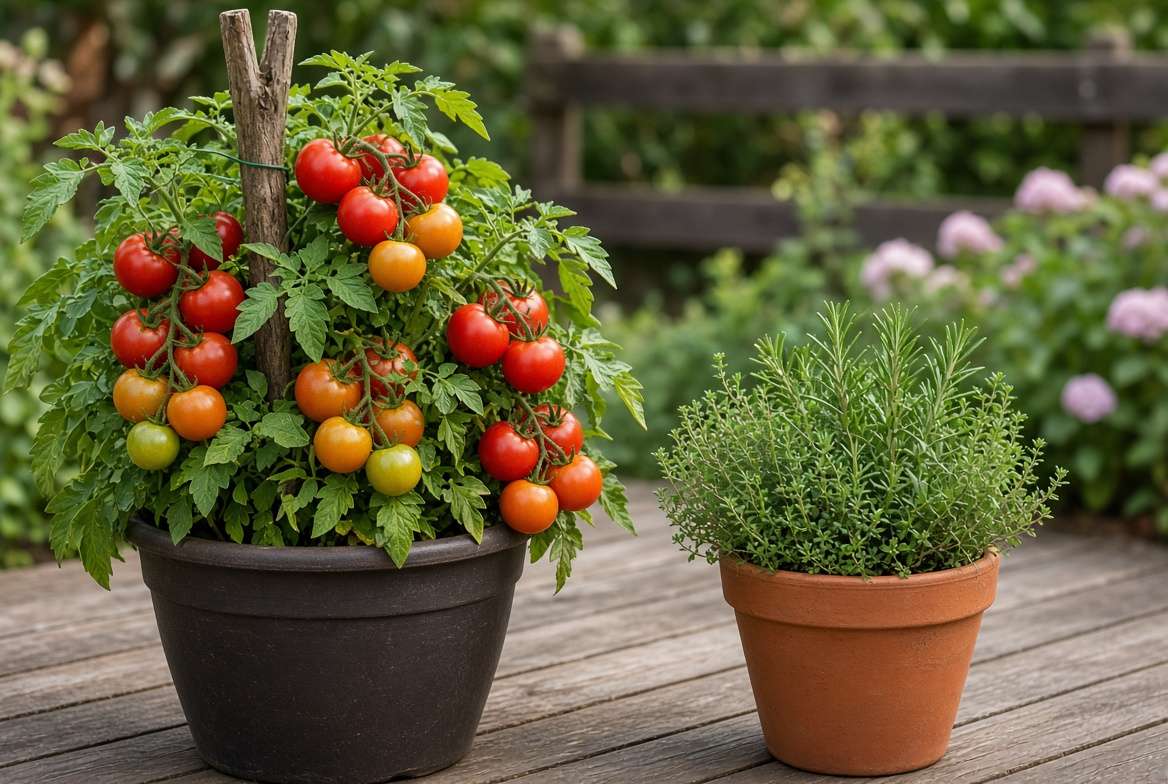 Side-by-side comparison of a heavy-feeding potted tomato plant and a light-feeding container herb garden.