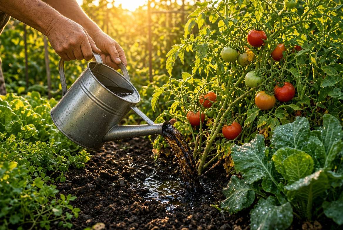 Gardener applying homemade compost tea to the base of heavy-feeding vegetable plants.