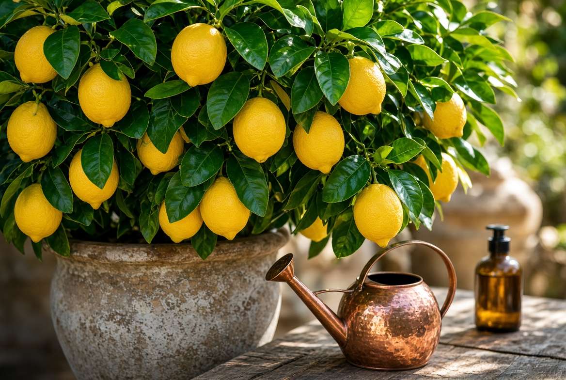 Healthy container Meyer lemon tree canopy, heavy with ripening lemons and glossy green leaves, showing optimal nutrient management on a sunny patio.