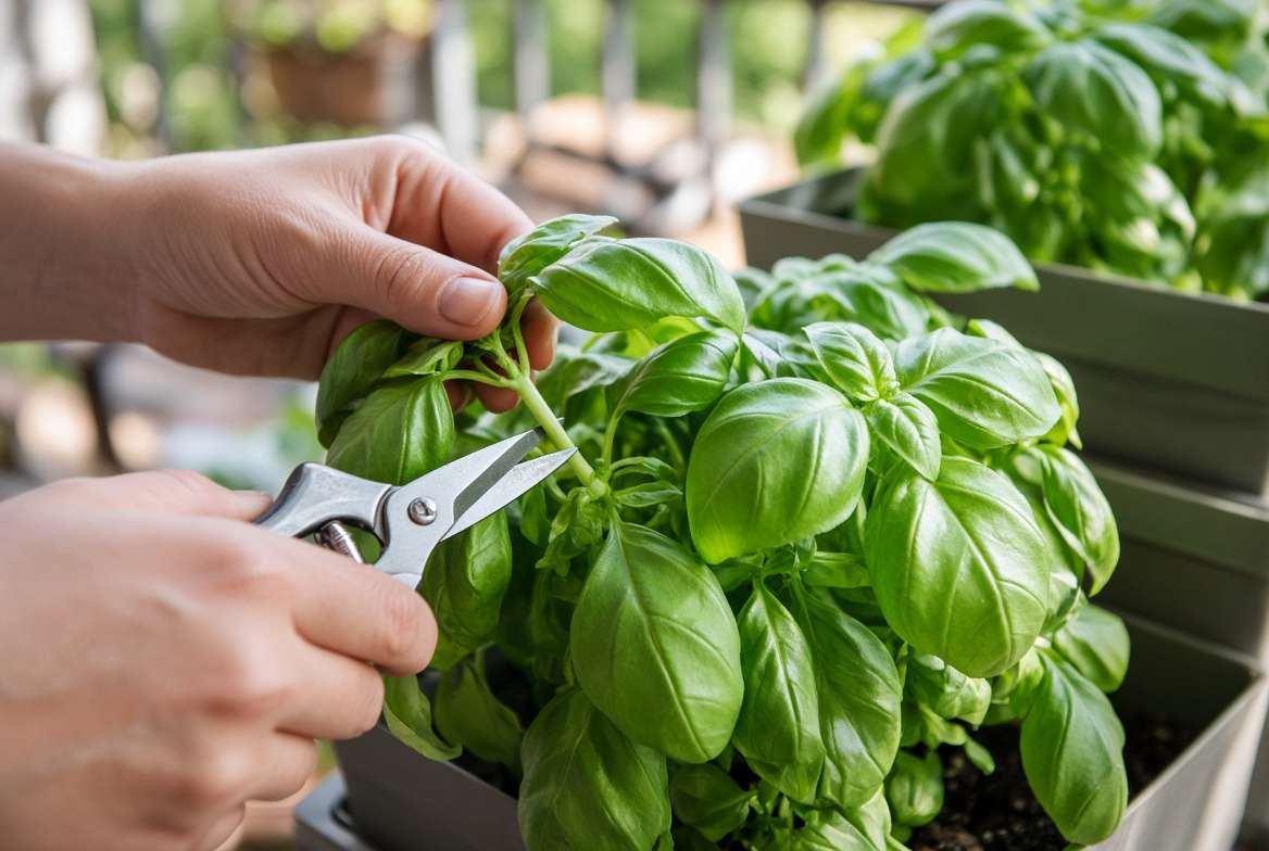 Close-up demonstration of how to correctly prune basil in a tiered balcony planter.